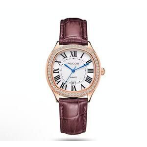 ROCOS Women’s Watch – Roman Dial, Leather Strap, Crystal Bezel